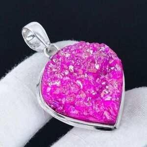 Pink Titanium Druzy Gemstone 925 Sterling Silver Handmade Pendant Necklace